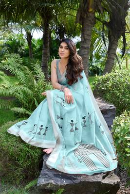 Sky Blue Printed Cotton Saree With Blouse 4