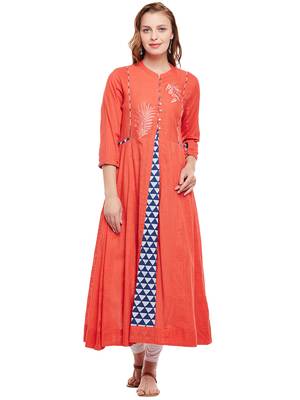 Women Orange Slub Embroidered Maxi Dress 1