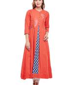 Women Orange Slub Embroidered Maxi Dress