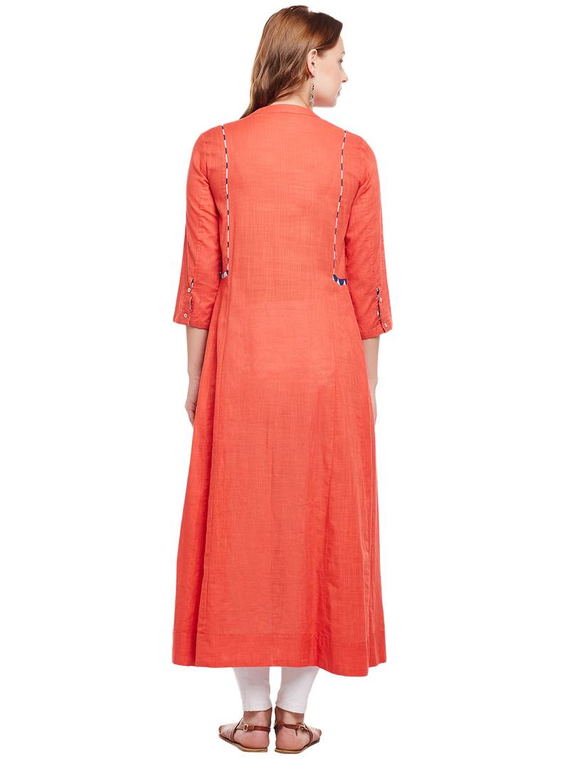 Women Orange Slub Embroidered Maxi Dress