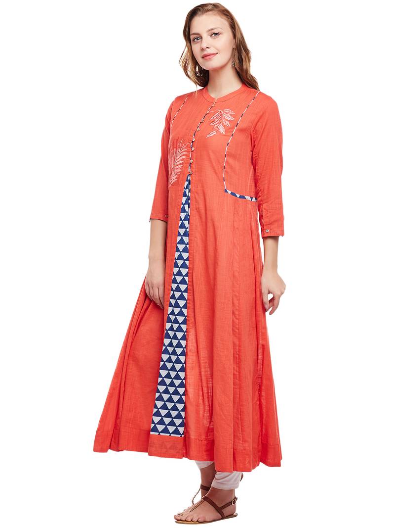 Women Orange Slub Embroidered Maxi Dress