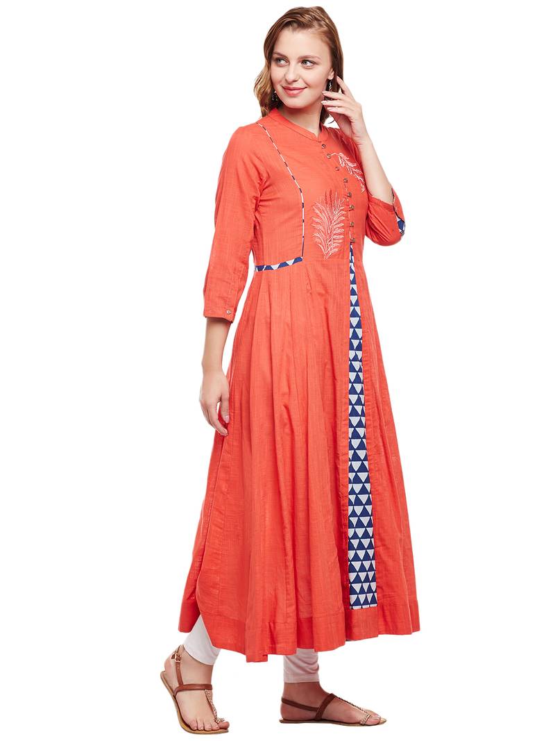 Women Orange Slub Embroidered Maxi Dress