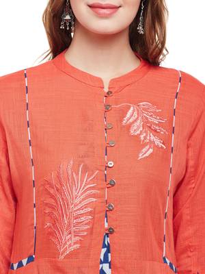 Women Orange Slub Embroidered Maxi Dress 5