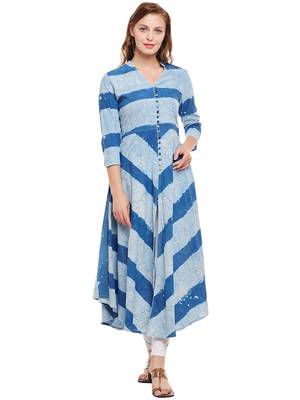 Women Blue Cotton Printed Maxi Dress 1