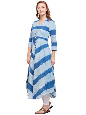 Women Blue Cotton Printed Maxi Dress 3