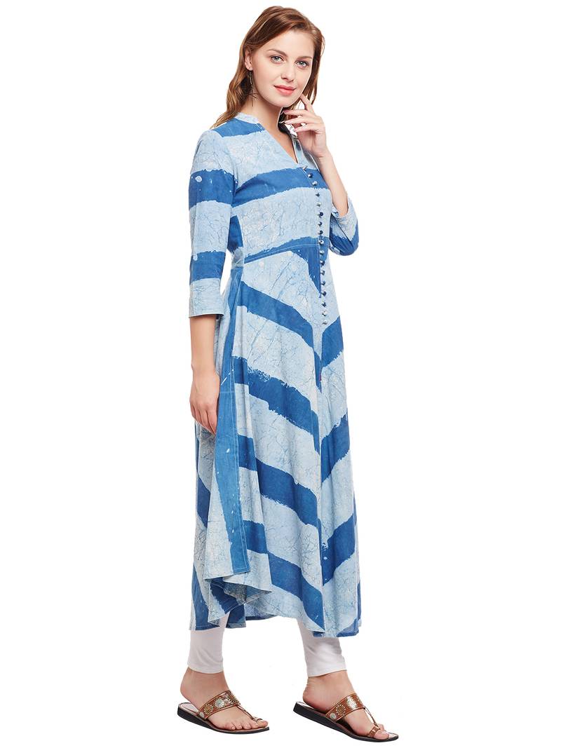 Women Blue Cotton Printed Maxi Dress