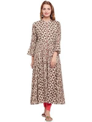 Women Beige & Brown Cotton Printed Maxi Dress 1