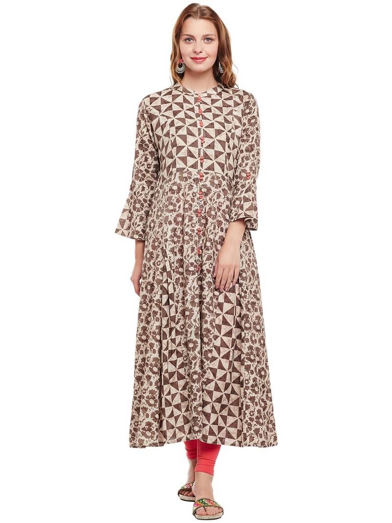 Women Beige & Brown Cotton Printed Maxi Dress