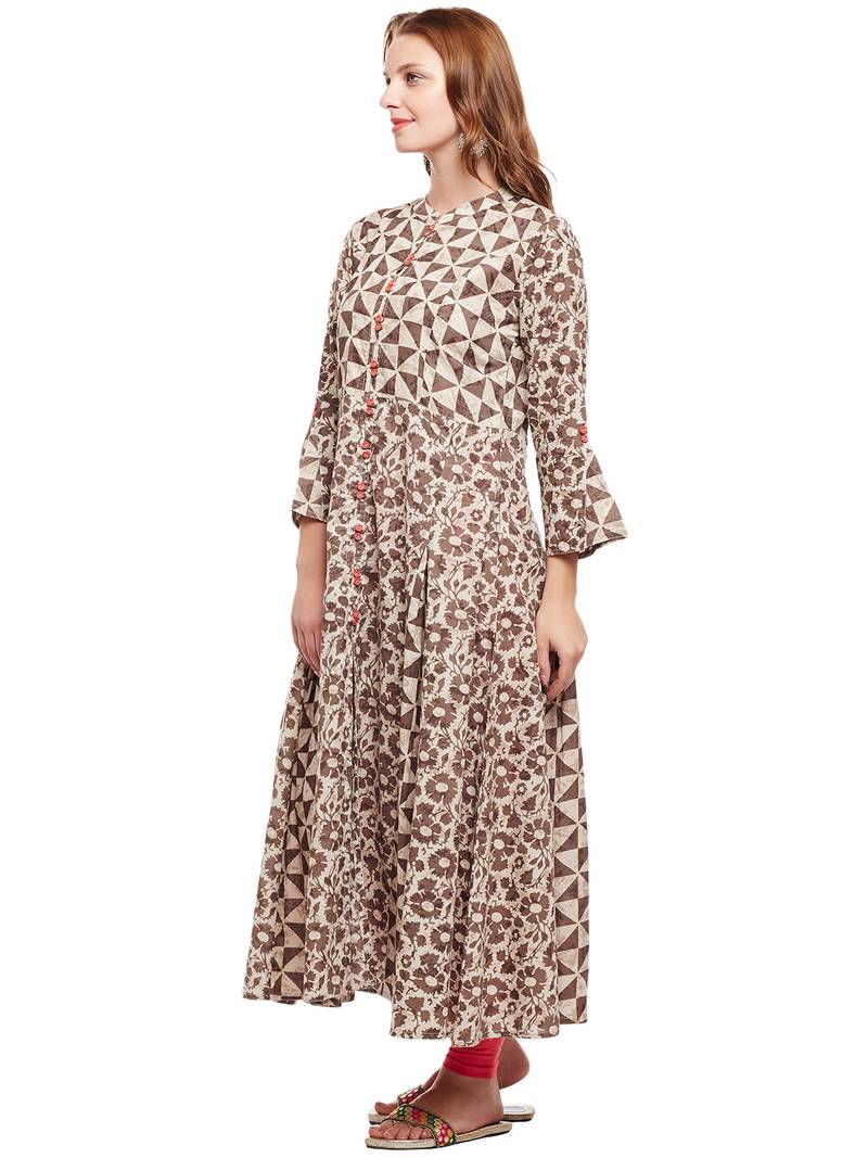 Women Beige & Brown Cotton Printed Maxi Dress