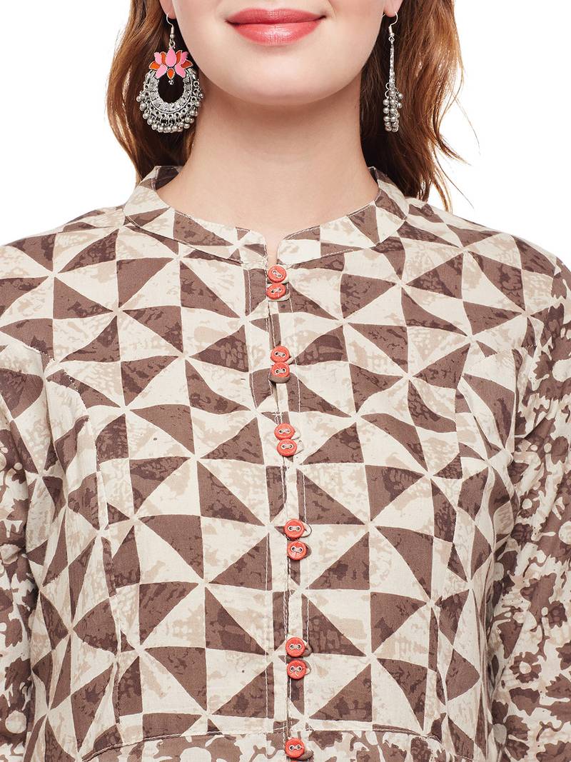 Women Beige & Brown Cotton Printed Maxi Dress