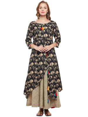 Women Black & Beige Cotton Printed Maxi Dress 1