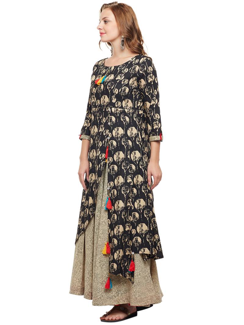 Women Black & Beige Cotton Printed Maxi Dress