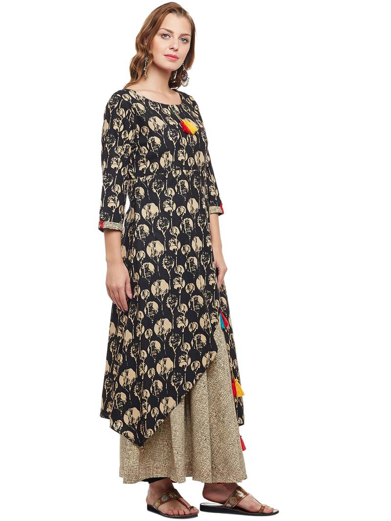 Women Black & Beige Cotton Printed Maxi Dress
