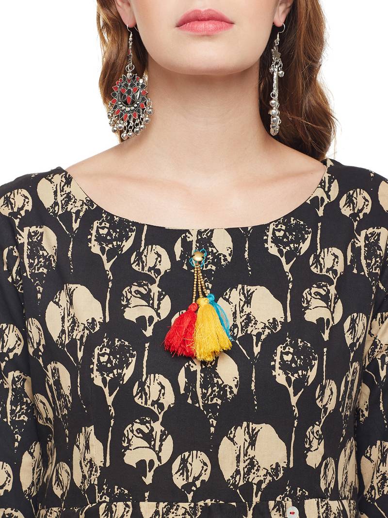 Women Black & Beige Cotton Printed Maxi Dress