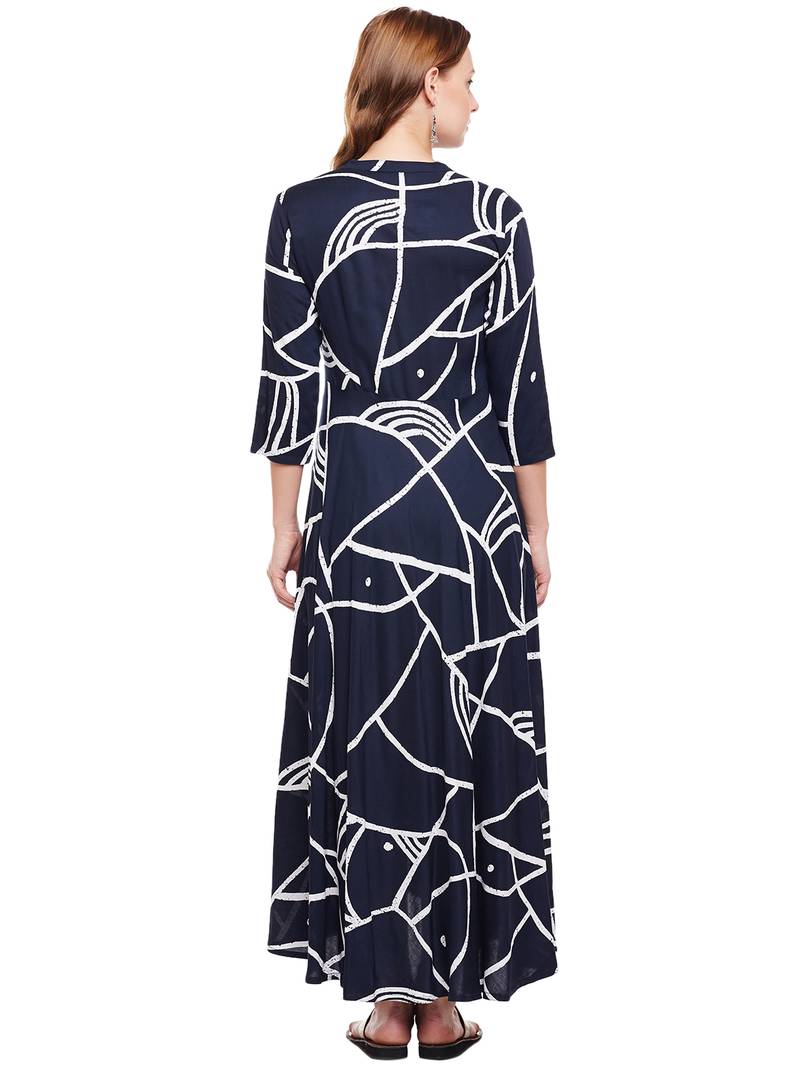 Women Navy Rayon Printed Maxi Dress