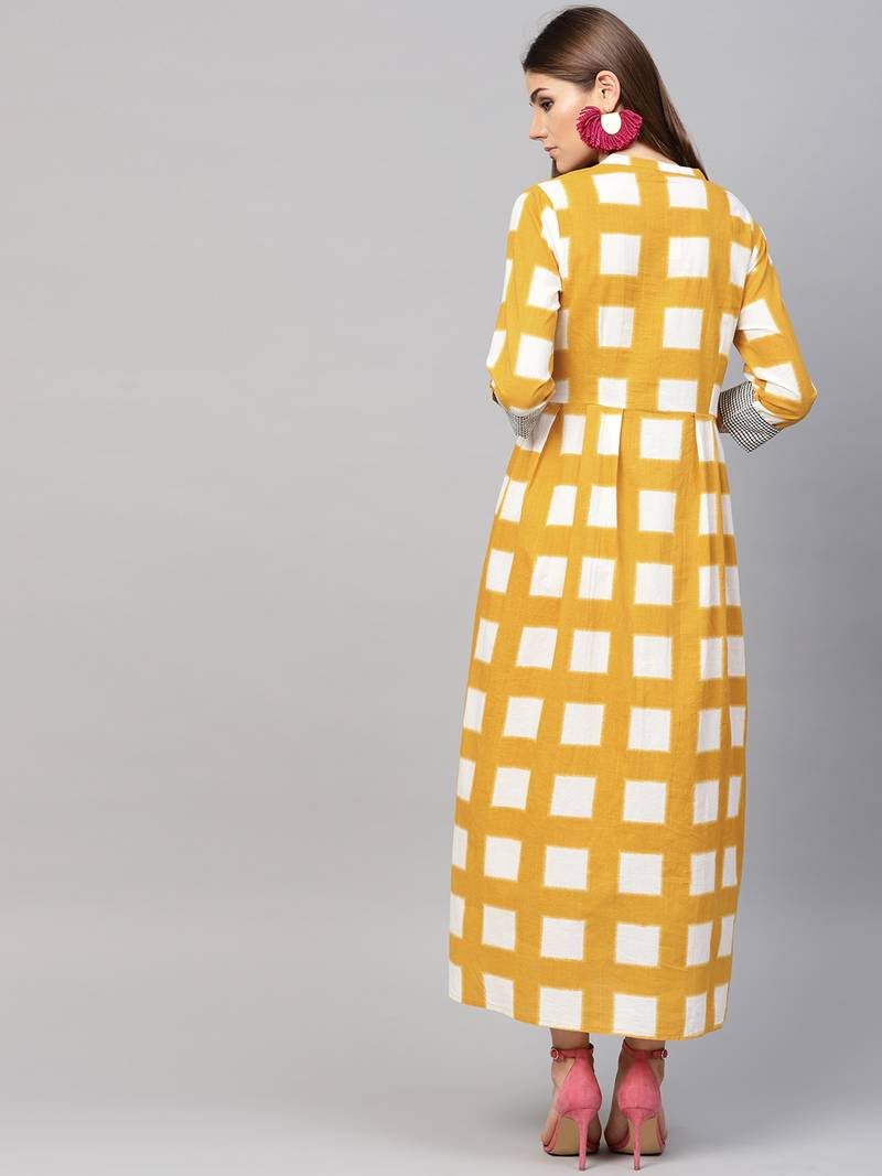 Women Mustard Cotton Embroidered Maxi Dress