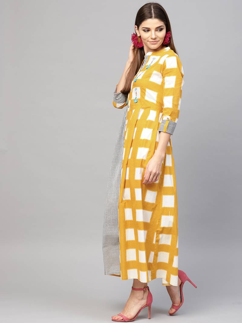 Women Mustard Cotton Embroidered Maxi Dress