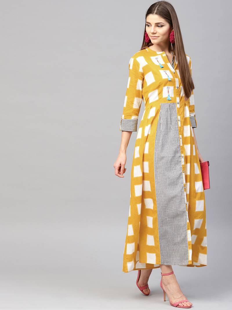 Women Mustard Cotton Embroidered Maxi Dress