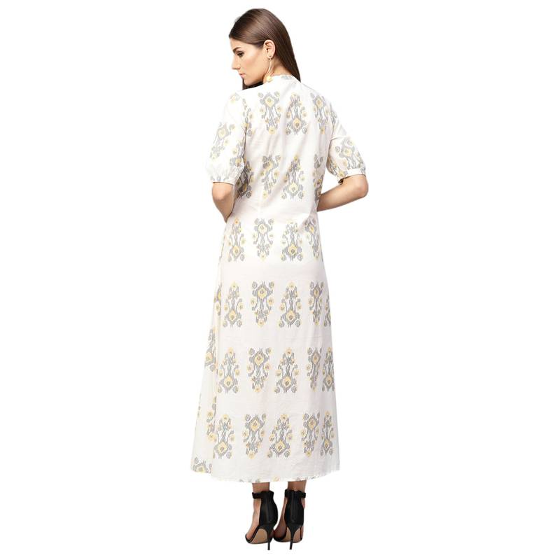 Women White Cotton Printed Maxi Dress