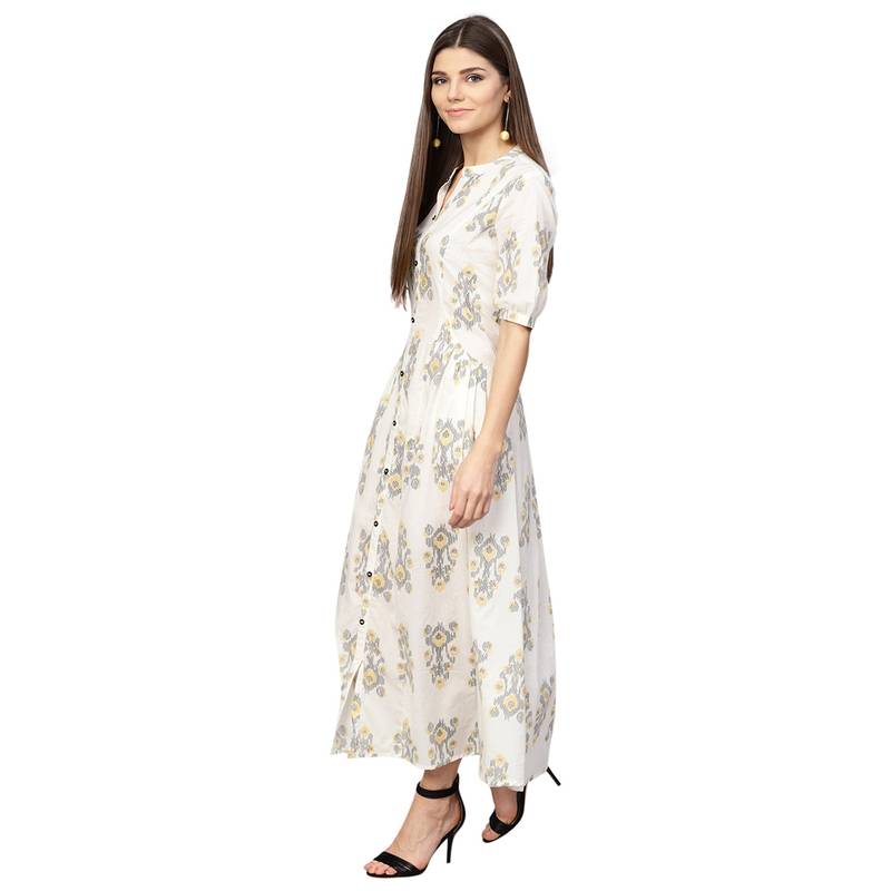 Women White Cotton Printed Maxi Dress