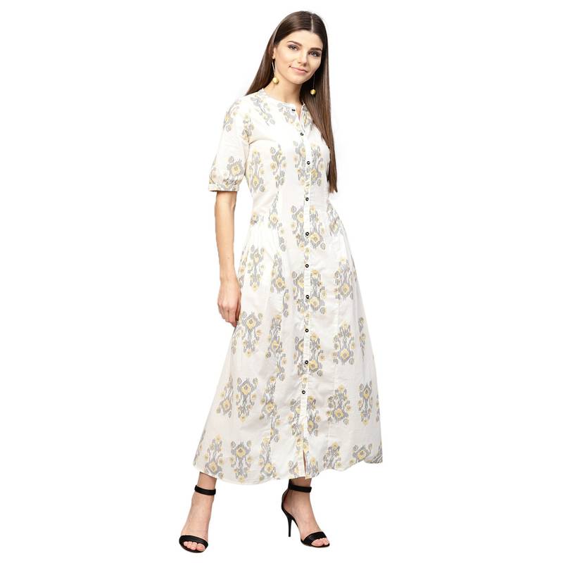 Women White Cotton Printed Maxi Dress