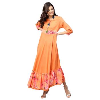 Women Orange Rayon Printed Maxi Dress 1