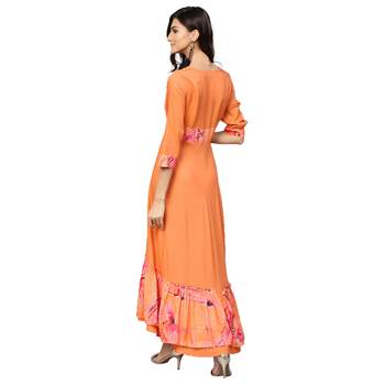Women Orange Rayon Printed Maxi Dress 2