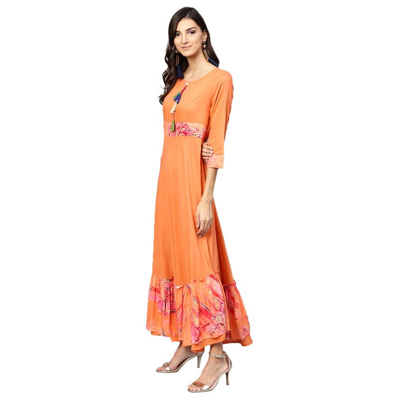 Women Orange Rayon Printed Maxi Dress
