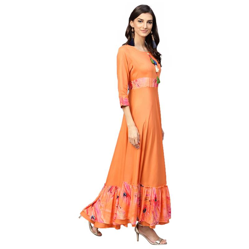 Women Orange Rayon Printed Maxi Dress