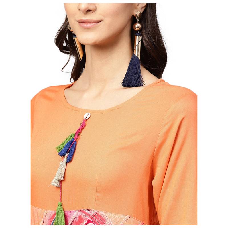 Women Orange Rayon Printed Maxi Dress