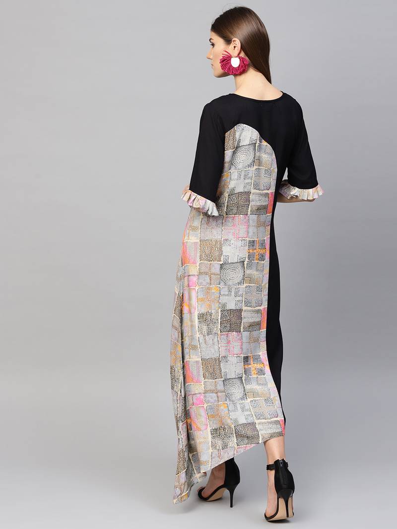 Women Black Rayon Printed Maxi Dress