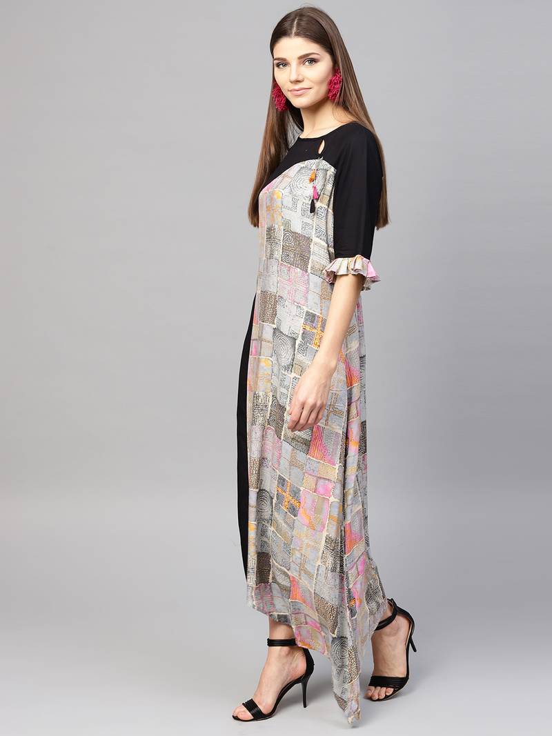 Women Black Rayon Printed Maxi Dress