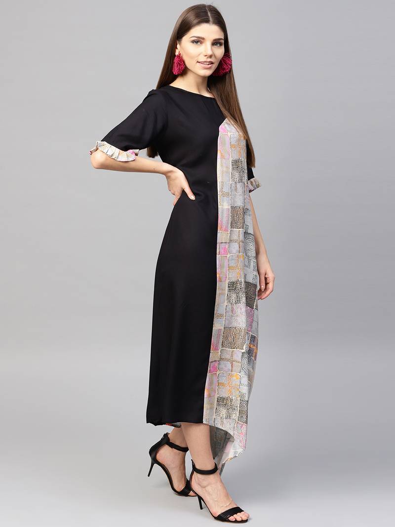 Women Black Rayon Printed Maxi Dress