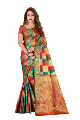 Kimisha Multicolor Sana Silk Woven Work Checks Pattern Saree With Running Blouse 1