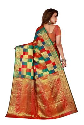 Kimisha Multicolor Sana Silk Woven Work Checks Pattern Saree With Running Blouse 2