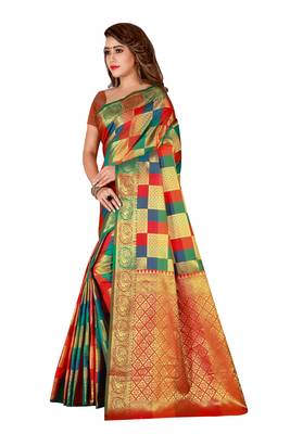 Kimisha Multicolor Sana Silk Woven Work Checks Pattern Saree With Running Blouse 5