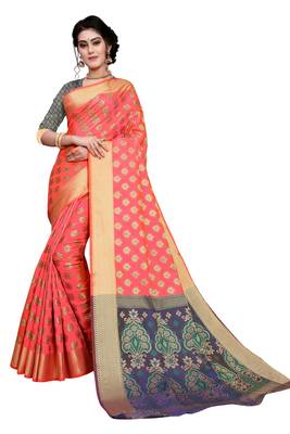 Kimisha Peach Sana silk blend Jacquard Work silk blend Saree With Jacquard Blouse 1