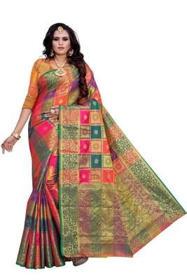 Kimisha Multicolor Sana Silk Jacquard Work Checks Pattern Saree With Running Blouse 1