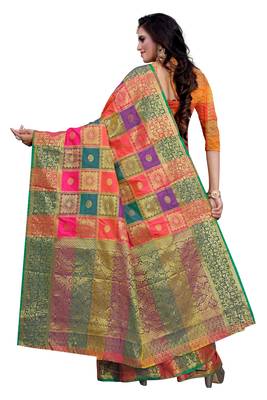 Kimisha Multicolor Sana Silk Jacquard Work Checks Pattern Saree With Running Blouse 2