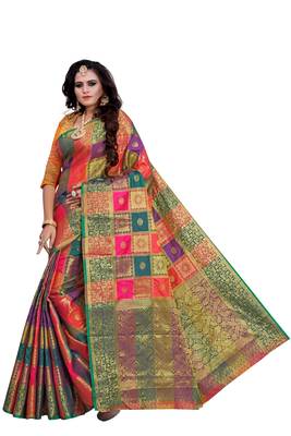 Kimisha Multicolor Sana Silk Jacquard Work Checks Pattern Saree With Running Blouse 5