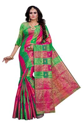 Kimisha Green, Multicolor Sana Silk Jacquard Work Checks Pattern Saree With Running Blouse 1