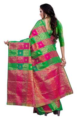 Kimisha Green, Multicolor Sana Silk Jacquard Work Checks Pattern Saree With Running Blouse 2