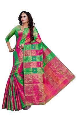 Kimisha Green, Multicolor Sana Silk Jacquard Work Checks Pattern Saree With Running Blouse 5