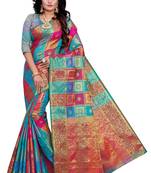 Kimisha Sky Blue, Multicolor Sana Silk  Jacquard Work Checks Pattern Saree With Running Blouse