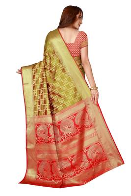 Light green woven kanchipuram silk blend saree with blouse 2
