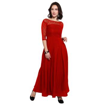 Red plain Crepe maxi dresses 1