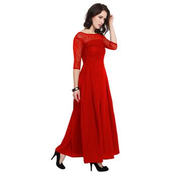 Red plain Crepe maxi dresses 3