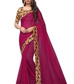 Rani pink plain chanderi silk saree with blouse