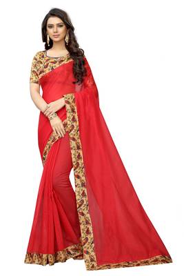 Red plain chanderi silk saree with blouse 1