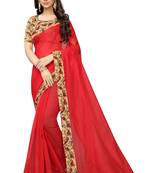 Red plain chanderi silk saree with blouse